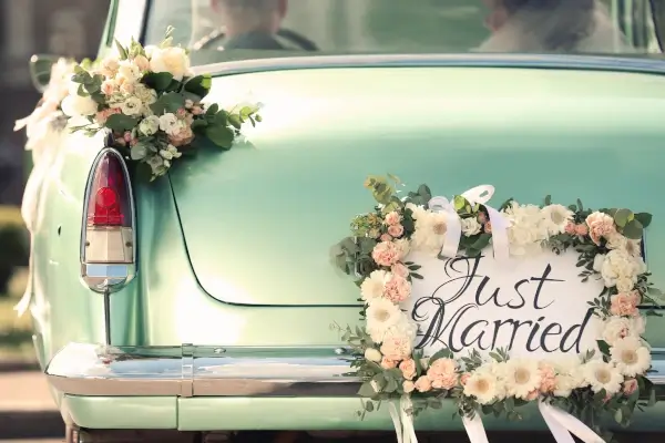 Hochzeitsauto Oldtimer mit Blumen für Hochzeit geschmückt Just married